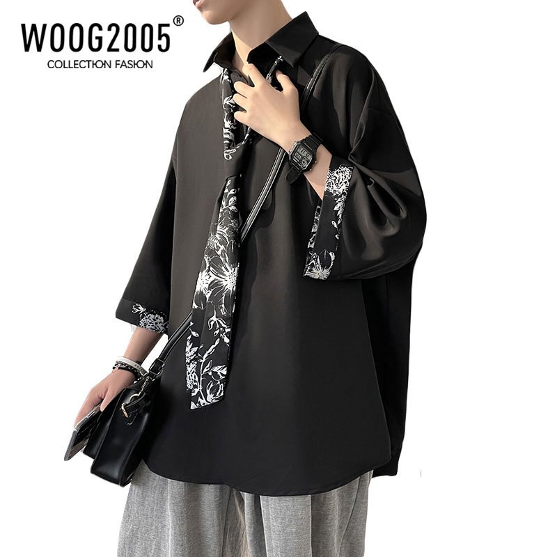 WOOG2005墨绿色日系衬衫夏季男装冷淡风短袖vintage六七分袖衬衣