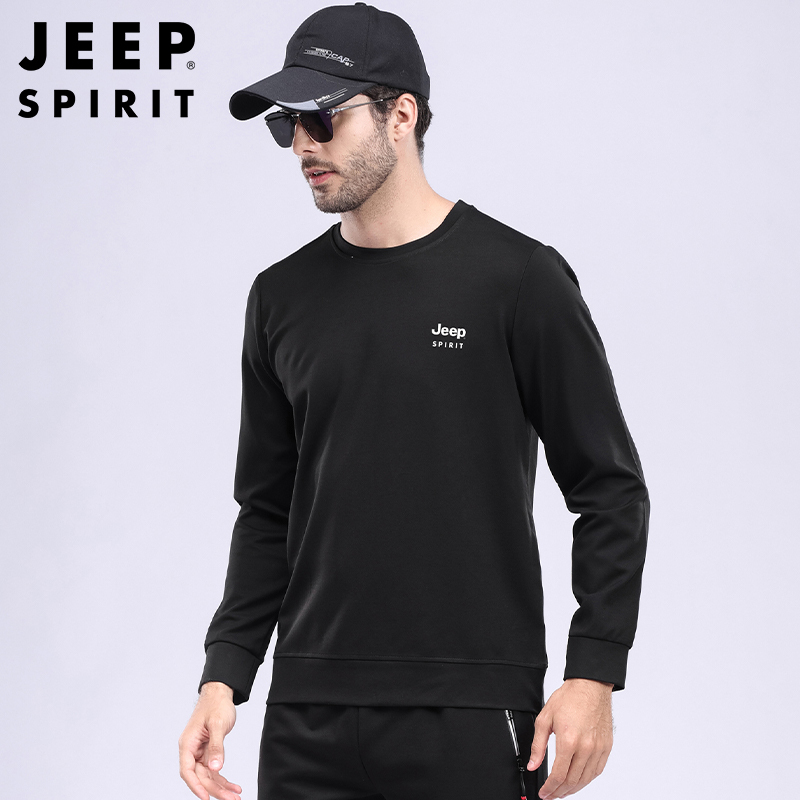 JEEP SPIRIT吉普2022新款男士卫衣圆领男宽松休闲大码长袖纯色T恤套头上衣打底衫
