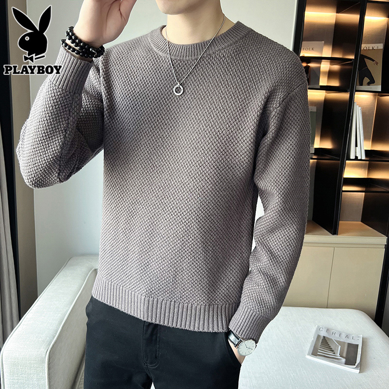 花花公子圆领毛衣男士春季新款潮休闲打底衫白色毛线衣男士针织圆高清大图