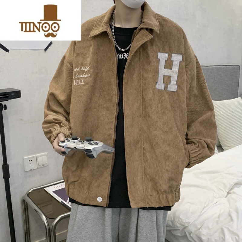 YANXU灯芯绒工装夹克男春季港风复古潮流宽松休闲外穿字母印花翻领外套高清大图