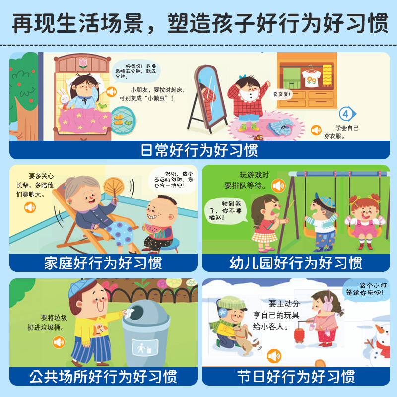 [文明讲理 爱上幼儿园]行为习惯+爱上幼儿园 [正版]幼儿行为习惯手指点读发声书会说话的早教书文明礼仪互动游戏0到3岁幼高清大图