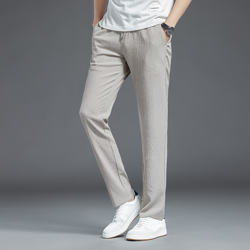 薄款冰丝凉爽休闲裤男士褶皱肌理纹松紧腰长裤子夏季直筒潮流男高清大图
