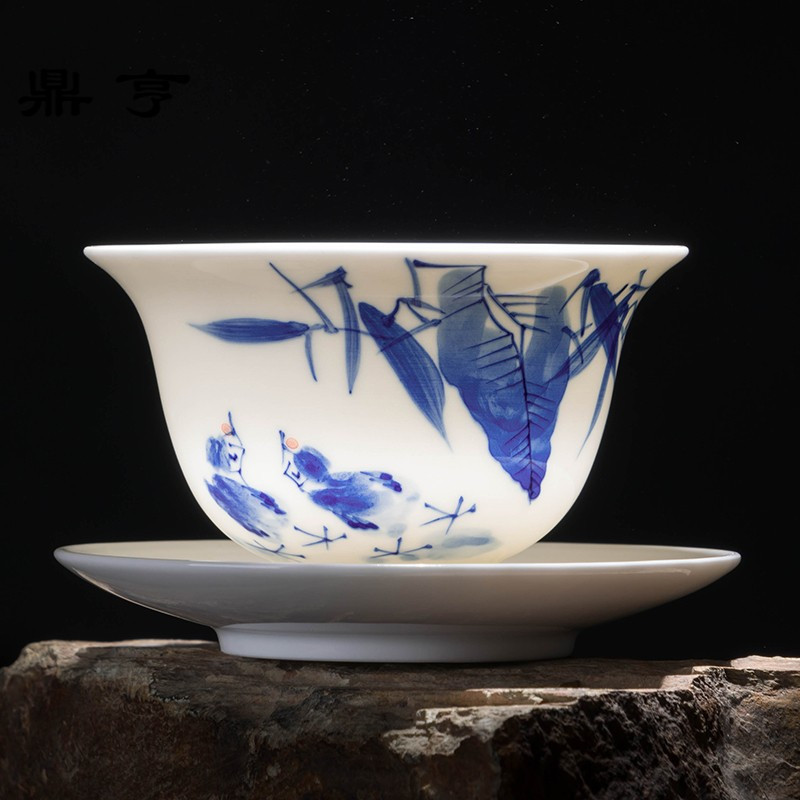 鼎亨闲情逸致青花瓷盖碗手绘功夫茶具促销景德镇手工盖碗三