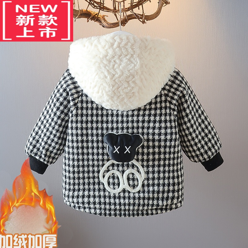 可莉允儿童外套秋冬款2022加绒加厚男童时尚格子棉衣女宝宝休闲洋气棉服