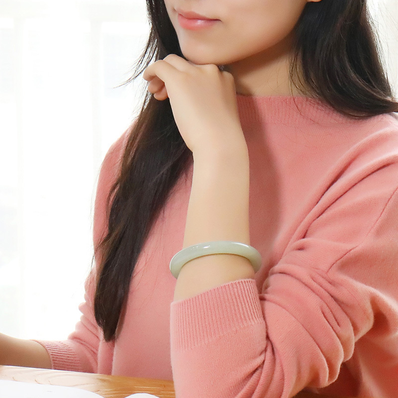 印象眸和田玉叮当镯浅青玉圆条手镯女款玉镯多口径可选送妈妈送女友附