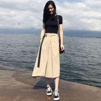 夏季宽松休闲高腰半身裙加大码女装胖mm显瘦大版a字中长裙两件套黑色上衣+卡其色不规则裙