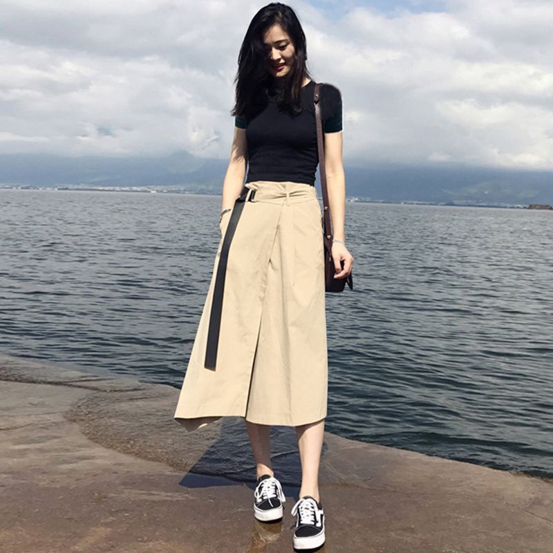 夏季宽松休闲高腰半身裙加大码女装胖mm显瘦大版a字中长裙两件套黑色上衣+卡其色不规则裙