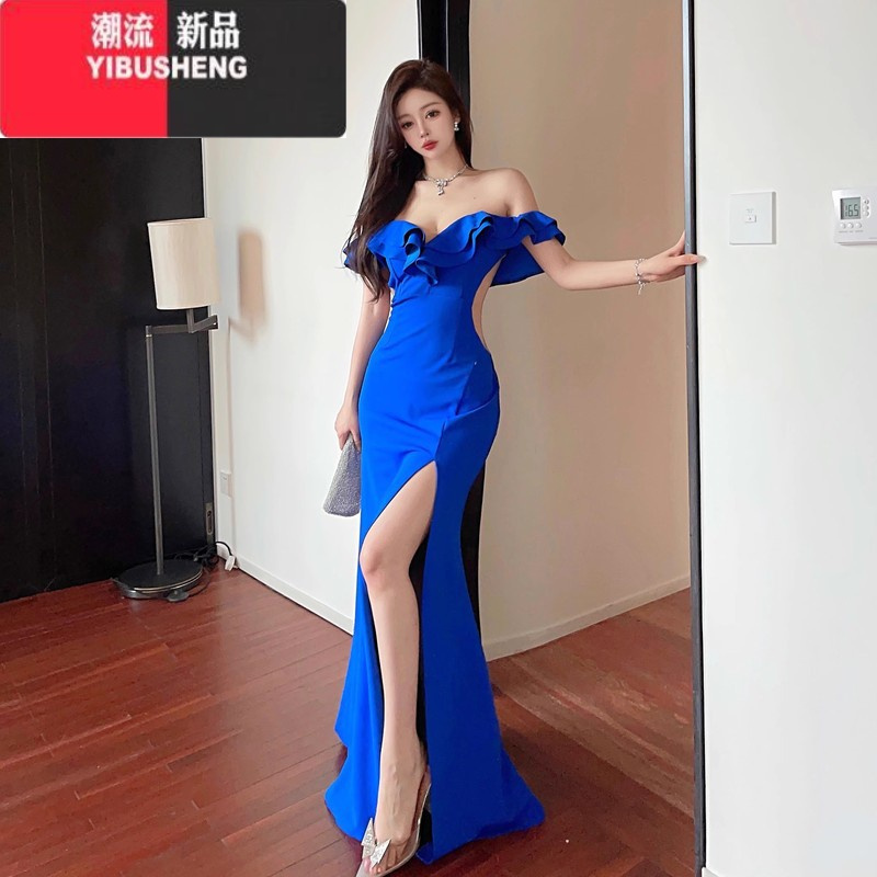 YIBUSHENG性感一字肩连衣裙长裙女季荷叶边气质名媛高开叉晚礼服裙高级感