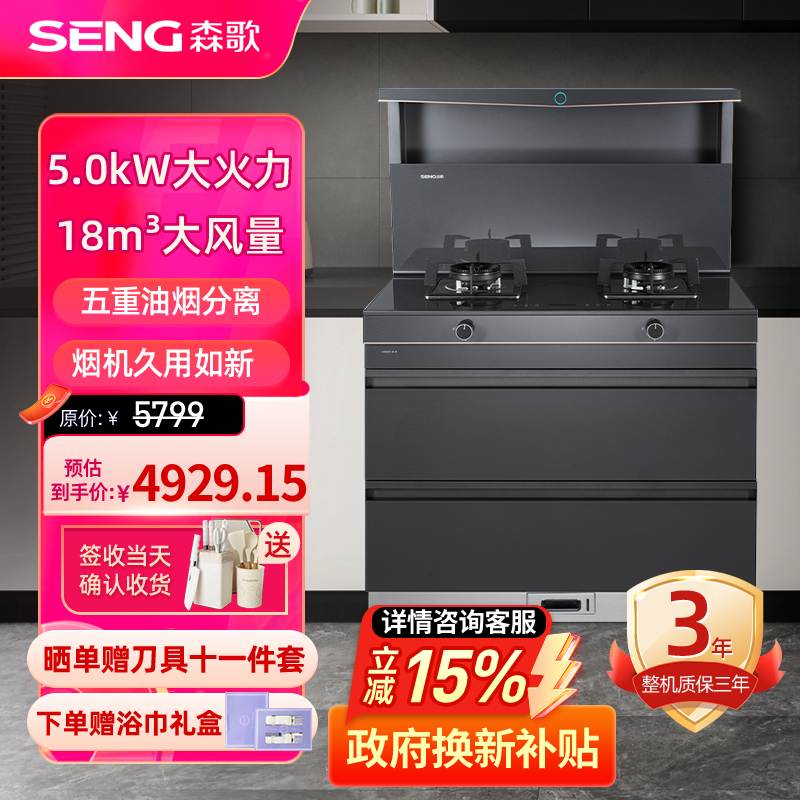 森歌(SENG)集成灶L1 消毒柜款 二星级消毒外观美 大容量 一体式吸烟机燃气灶具 抽油烟机燃气灶灰色液化气