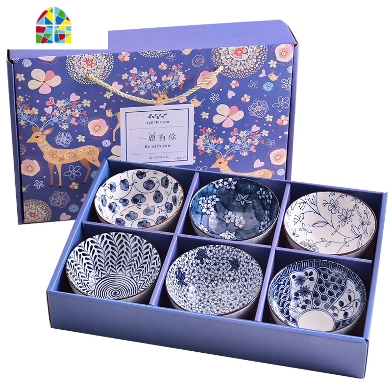 礼品碗定制logo 家用中国风青花瓷碗套碗开业赠品 碗碟套装礼盒装 FENGHOU 一路有你缤纷杏花六碗礼盒装高清大图