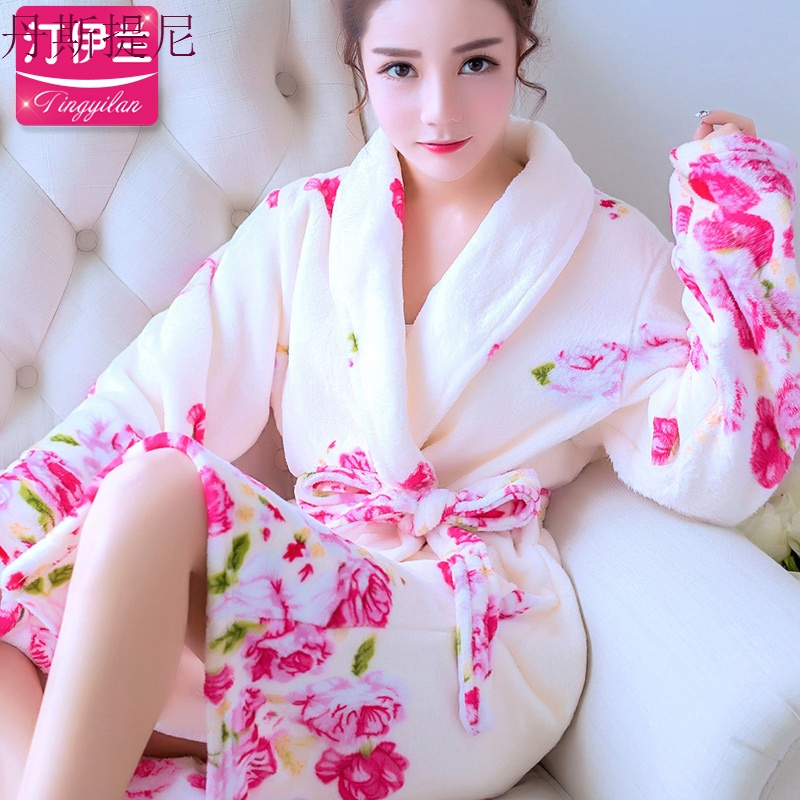 反季亏本冲量!甜蜜玫瑰花朵女睡袍加厚法兰绒秋冬季长袖浴袍睡衣