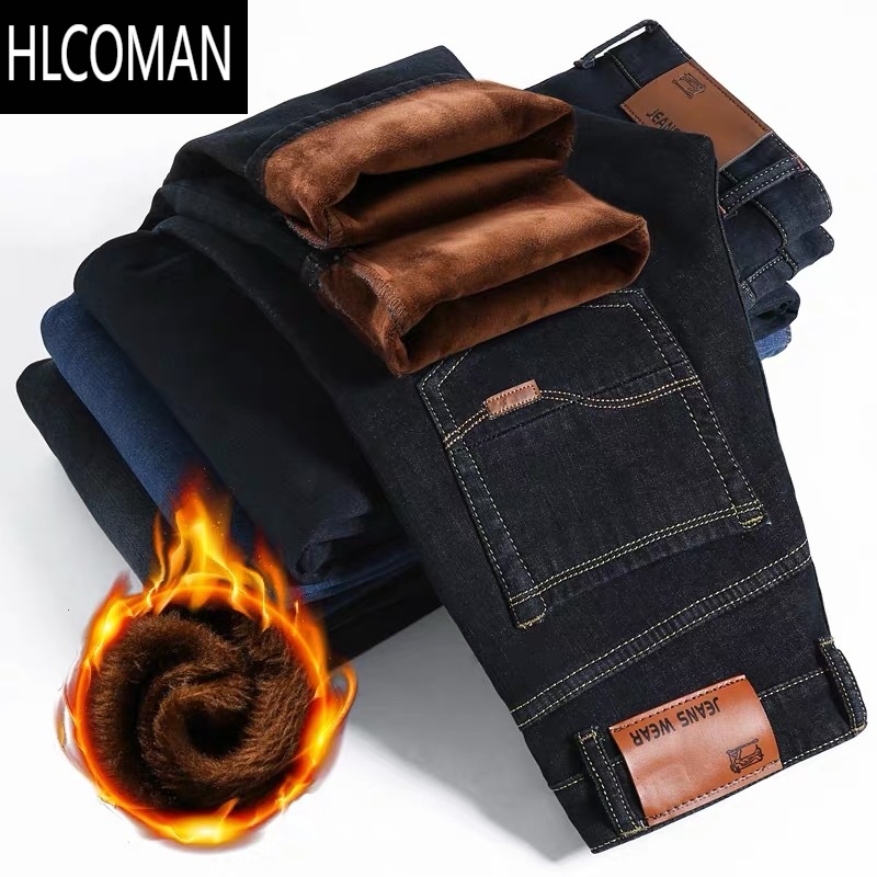 HLCOMAN厚款弹力男士加绒牛仔裤男宽松休闲冬天裤子大码加厚加绒裤男 弹力加绒8010黑色 29码腰围2尺2100110斤