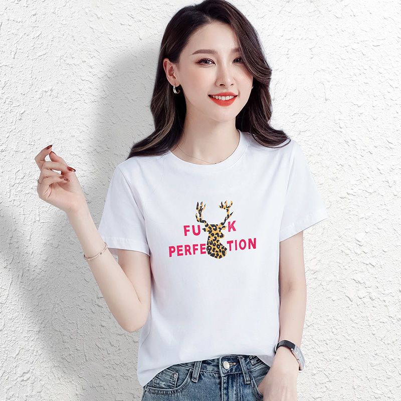 CACHE CACHE夏季纯棉白色短袖女字母豹纹鹿头印花时尚百搭T恤新款