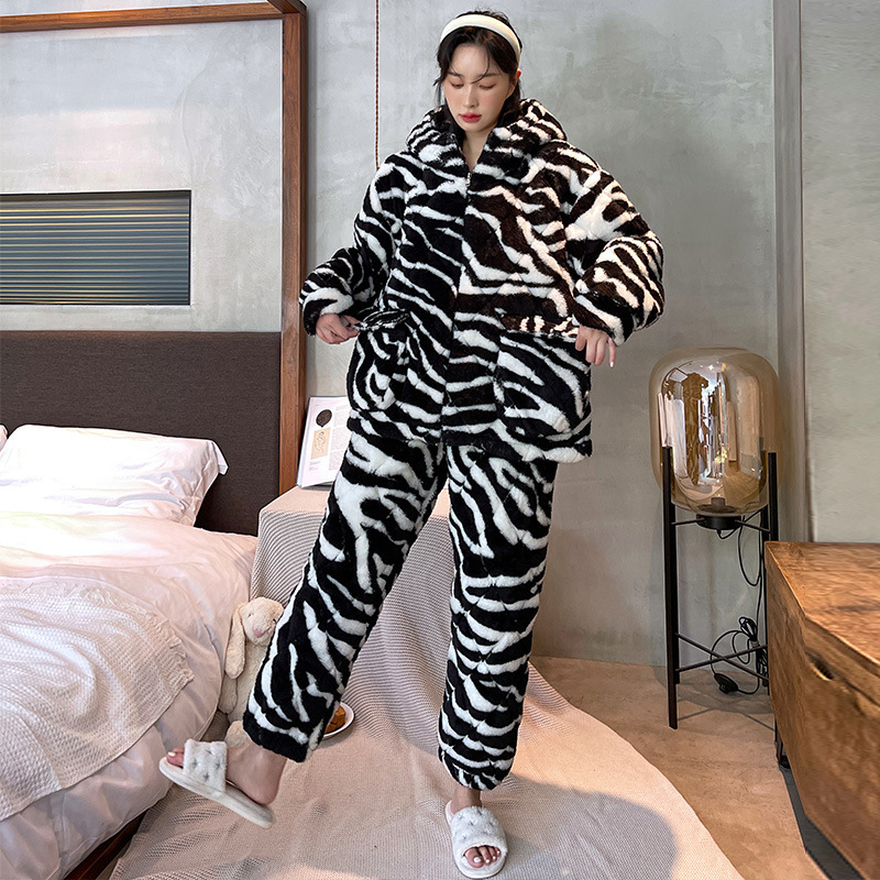 权小威斑马纹情侣睡衣拉链保暖加大码家居服男女款三层夹棉冬季加厚