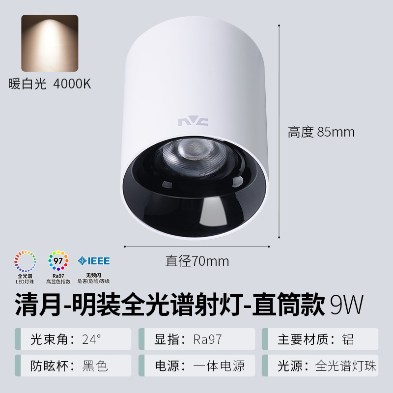 雷士照明led射灯明装可折叠免开孔筒灯客厅背景墙玄关天花灯商用洗墙灯 【直筒】9瓦暖白光丨全光谱RA97丨光束角24°丨防眩黑杯