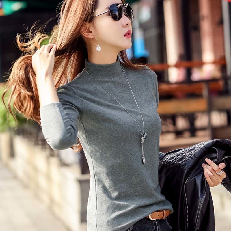 莫代尔纯棉打底衫女半高领长袖t恤秋冬新款修身纯色衫女装秋衣潮