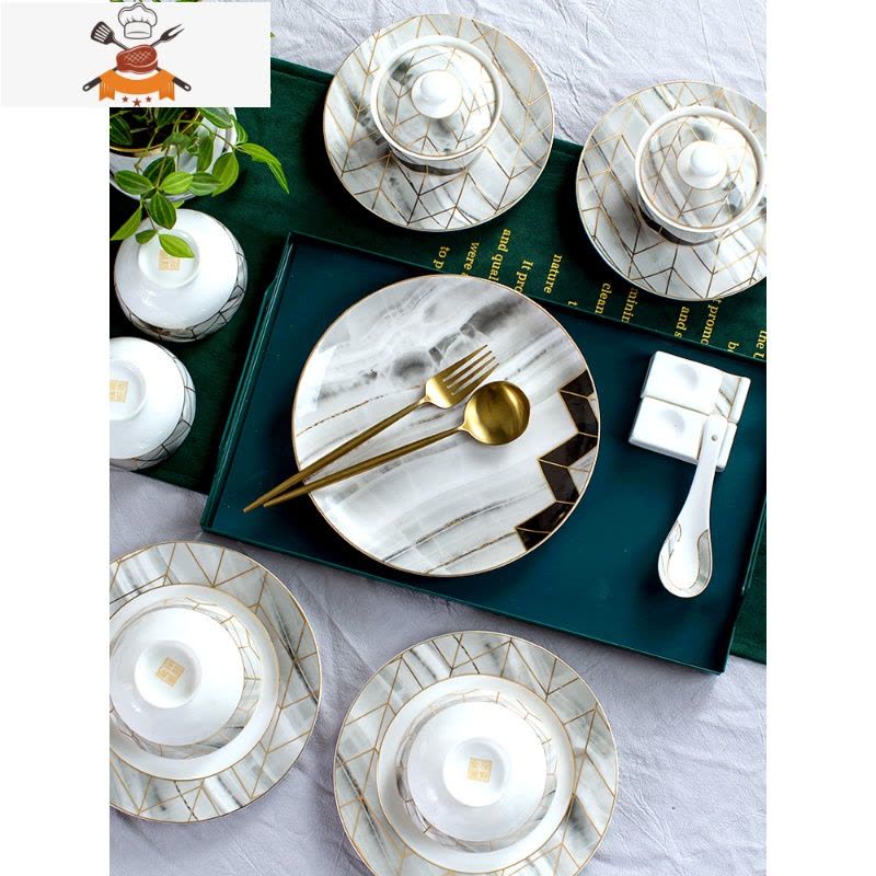 shp景德镇北欧ins轻奢大理石碗碟套装家用餐具骨瓷盘子吃饭碗 敬平 100头时尚诱惑图片