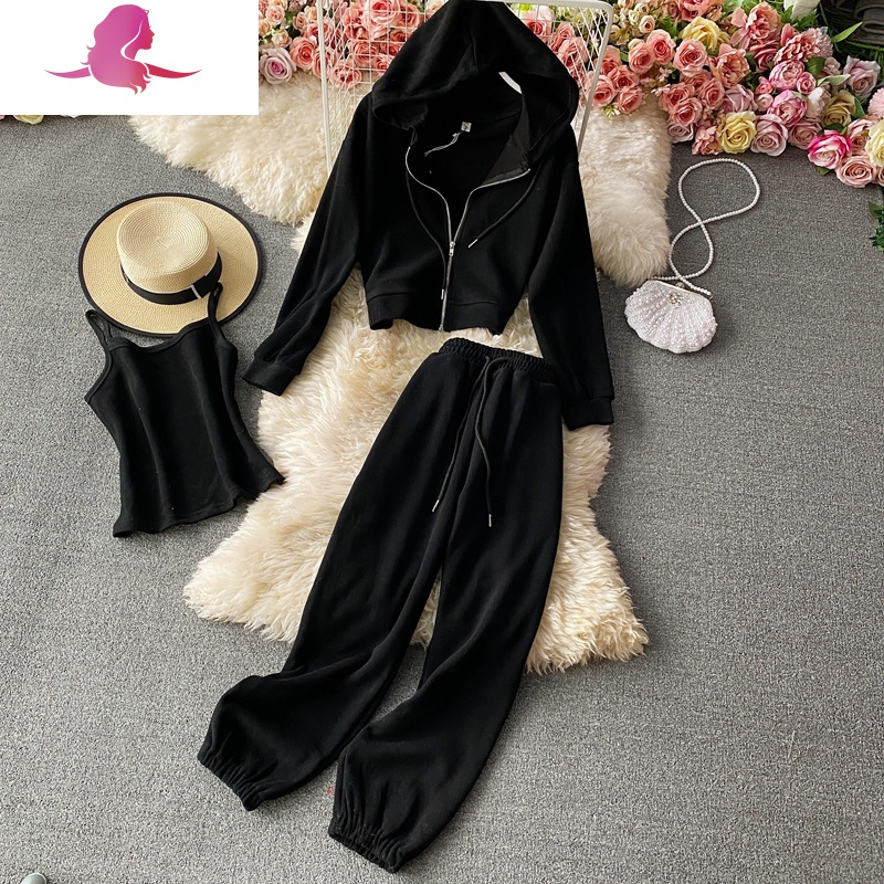 艳如飞休闲裤子运动裤女束脚卫裤长裤两件套装时尚短款拉链卫衣连帽长袖休闲运动套装