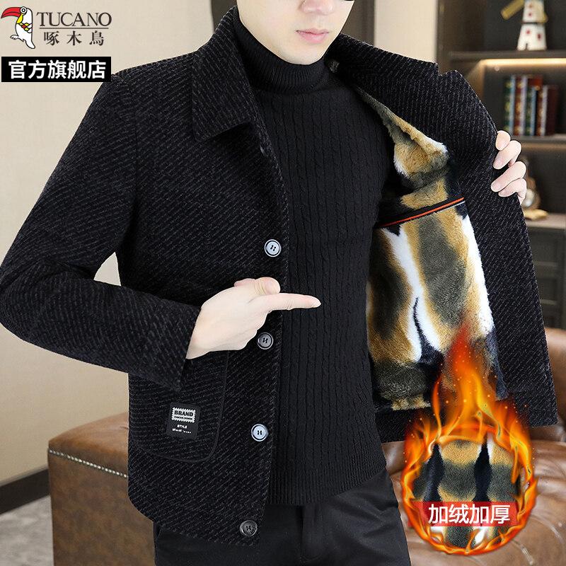 啄木鸟金貂绒翻领短款毛呢大衣冬季男士韩版潮流呢子休闲冬装外翻高清大图