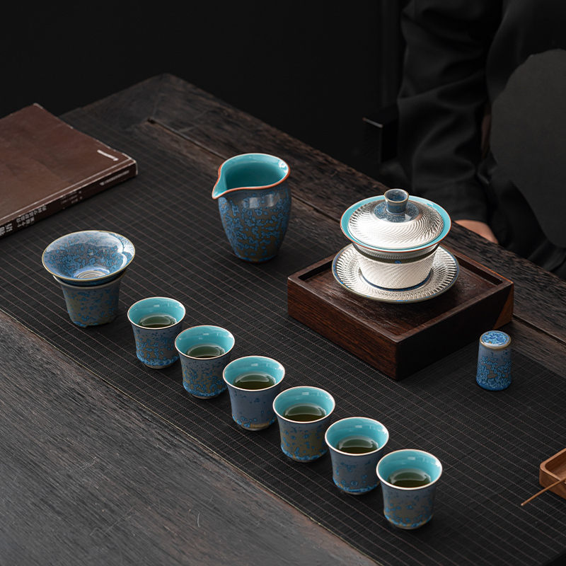 苏氏陶瓷(SUSHI CERAMICS)国礼蓝黛鎏银三才盖碗大套组功夫茶具非遗大师郑文强作品