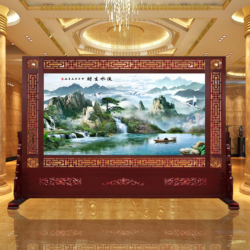 BONJEAN新中式实木办公室屏风隔断装饰玄关风水客厅酒店进双面座屏牡丹高清大图