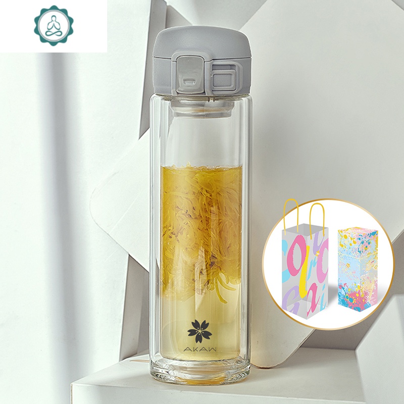 创意泡茶随手花茶杯女 学生家用网红便携双层玻璃水杯子 封后 380ML马卡龙弹盖-膜玉银礼盒套装