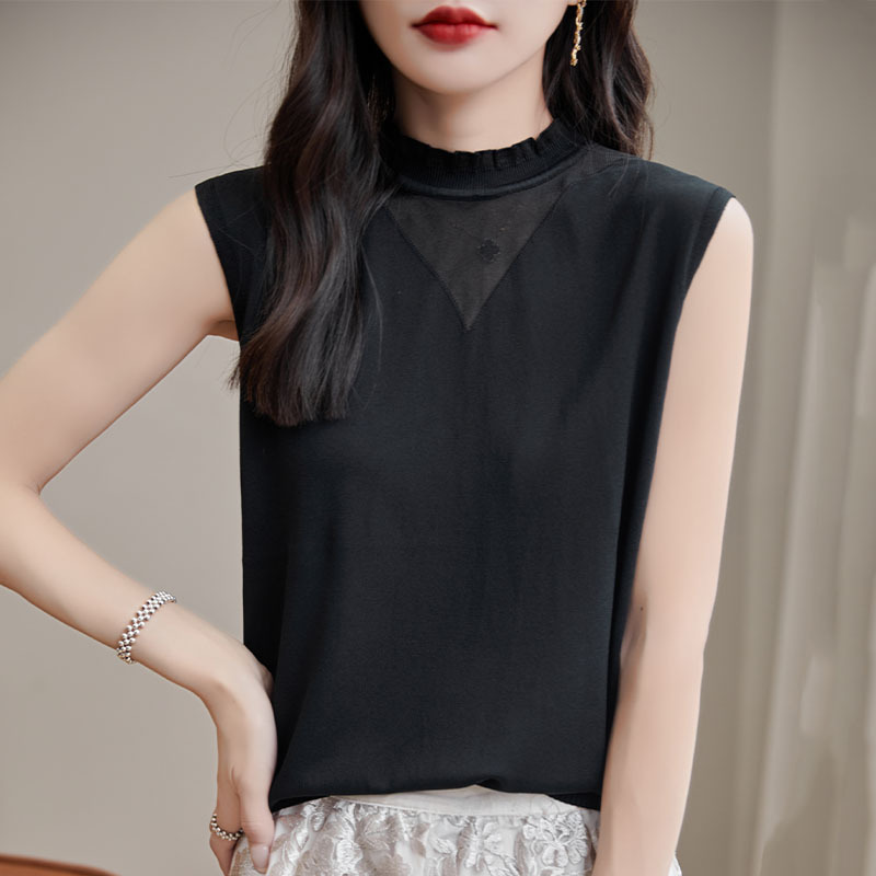 花边领冰丝吊带背心女夏季薄款内搭镂空蕾丝针织无袖上衣洋气打底