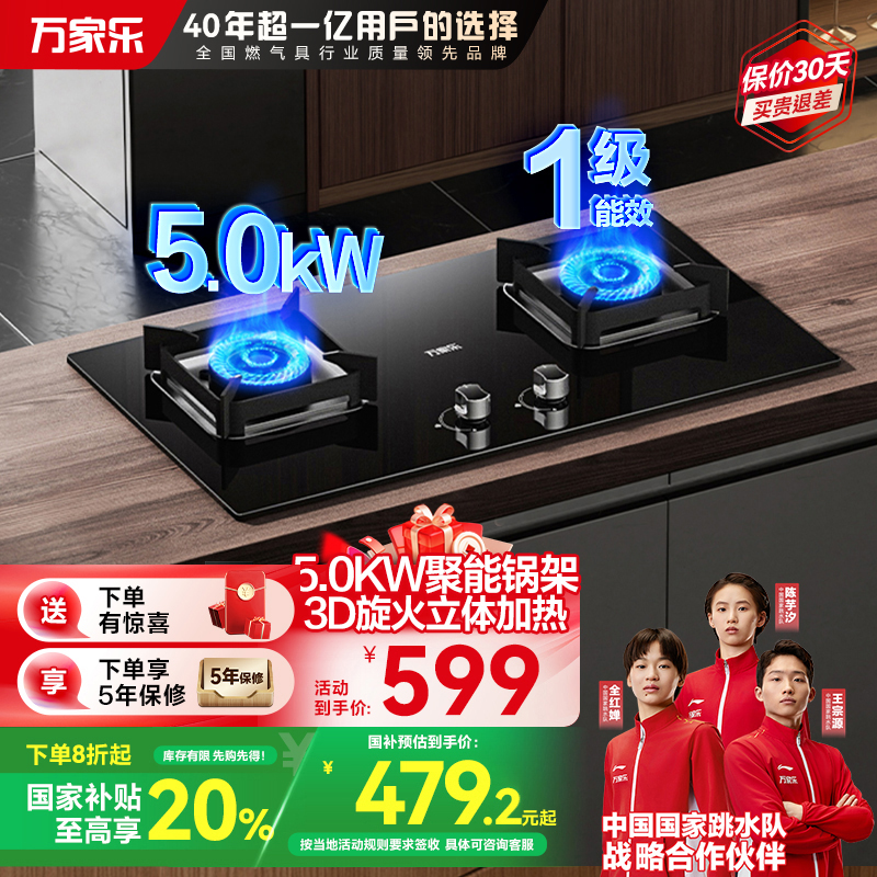 万家乐JZT-AY5燃气灶具家用厨房台式嵌入式天然气煤气双灶5.0KW火力