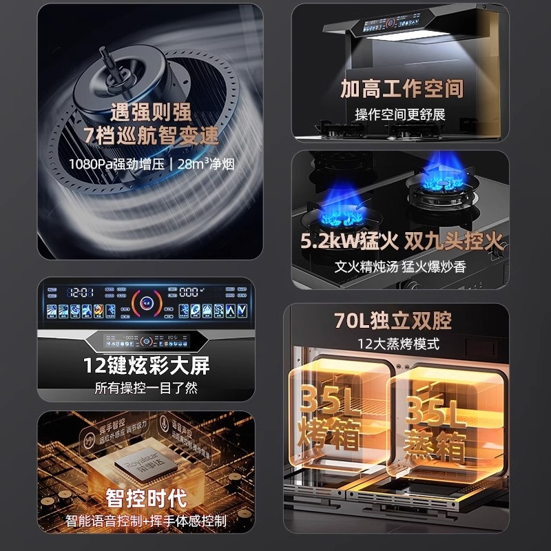 旺厨好太太 900mm气电集成灶 自动清洗侧吸下排式烟机一体灶 油烟机燃气灶蒸烤消家用烟灶蒸烤消一体 语音声控 天然气高清大图