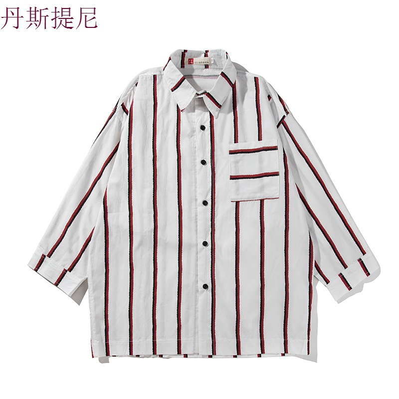 条纹衬衫男七分袖夏季薄款宽松韩版帅气休闲短袖潮流港风半袖上衣
