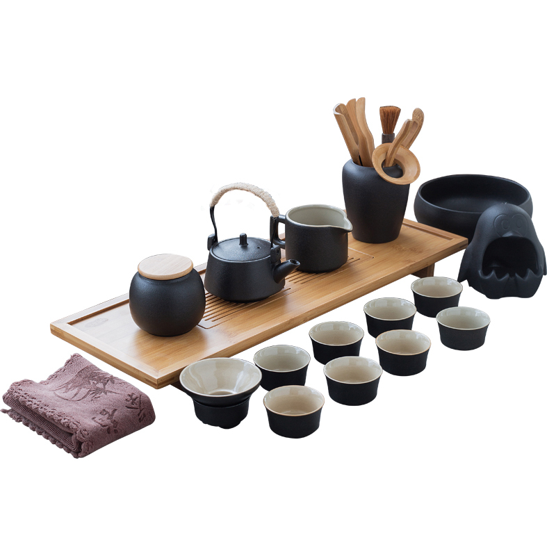 黑陶茶具套装家用客厅泡茶壶茶杯烘焙精灵小套办公室会客陶瓷功夫茶盘简约 黑陶井栏壶10件套(烟灰缸)-送茶巾茶夹