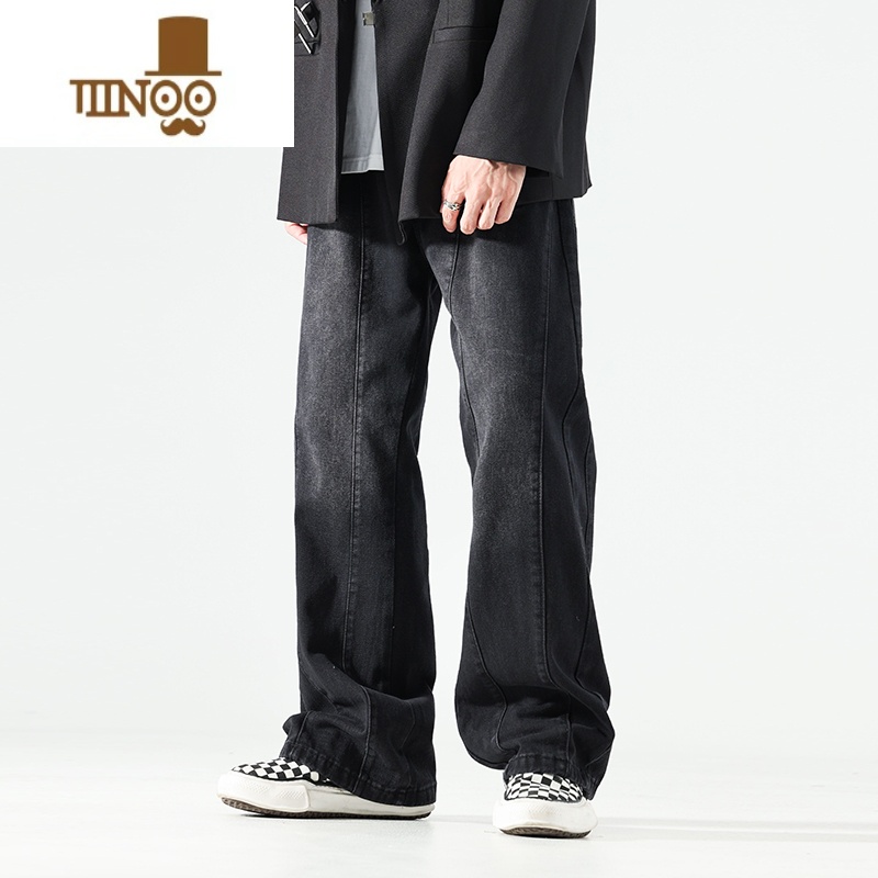 YANXU微喇叭黑色牛仔裤男款高街复古风直筒拖地水洗阔腿裤高清大图