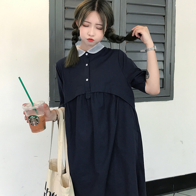 夏装女装2018新款韩版娃娃裙宽松中长款连衣裙学生pphome裙子文艺白色