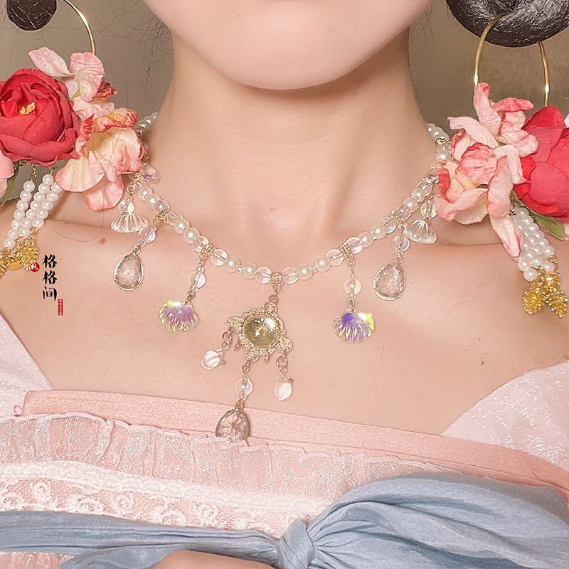 汉服软璎珞项圈坦领襦裙唐风诃子裙配饰古风珍珠项链古装头饰额饰