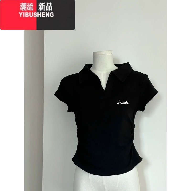YIBUSHENG复古chic正肩短袖T恤女Polo领2024季新款设计感学院显瘦短上衣