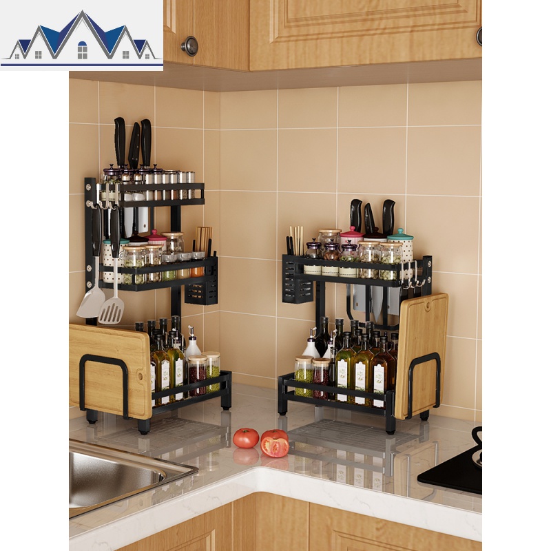 不锈钢厨房置物架黑色调味料储物砧板菜板架家用厨具用品收纳刀架_3_202高清大图