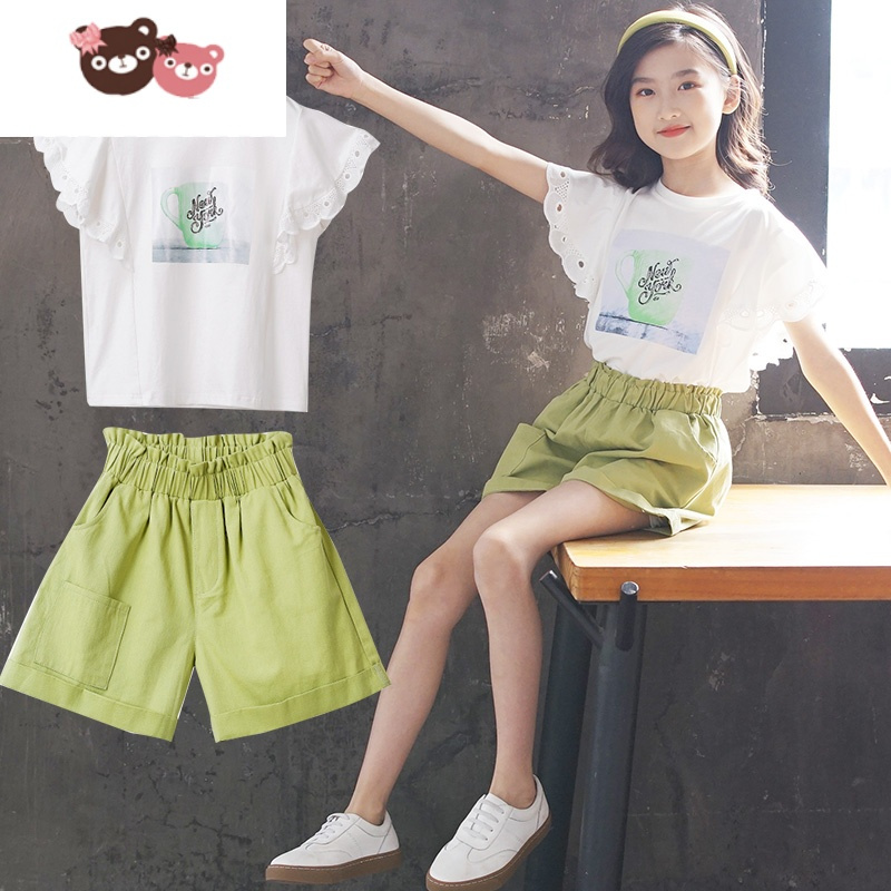 绿彩虹光女童短裤运动套装中大童两件套女孩白色短袖夏薄款儿童装t恤