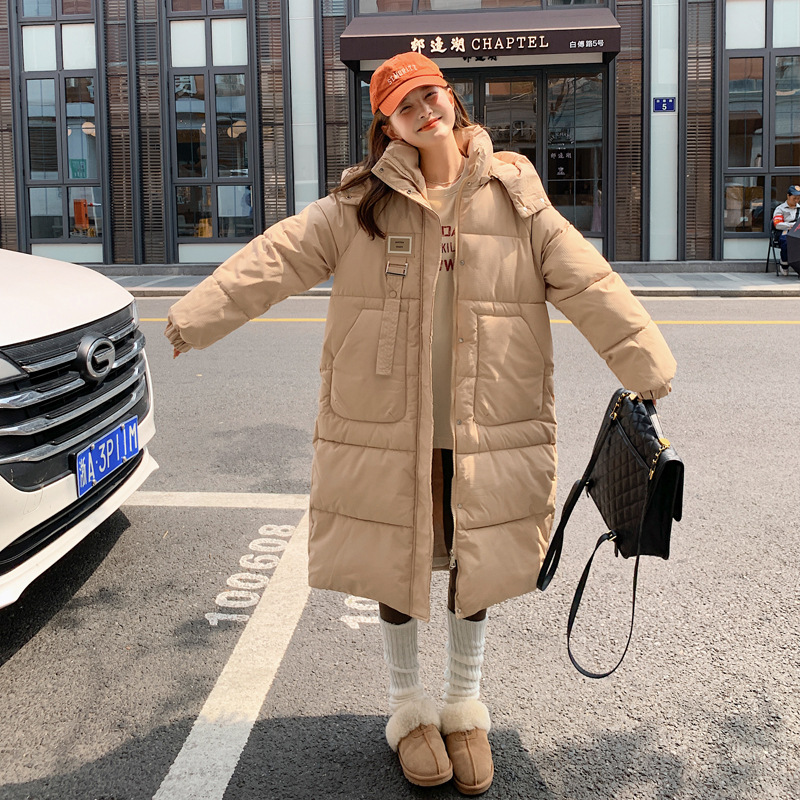 冬季新款棉服女韩版宽松中长过膝羽绒棉衣小个子活帽加厚棉袄外套 深卡其 S
