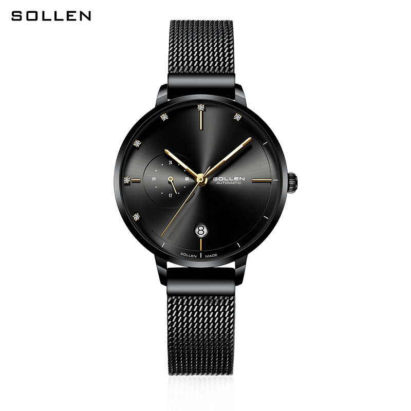 梭伦SOLLEN手表女ins风新款简约时尚防水潮自动机械表女女士手表腕表 SL-416 全黑色