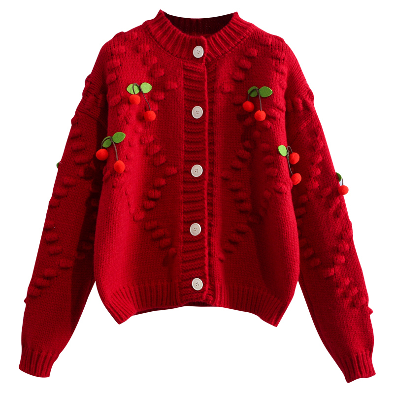 班俏banqiao重工毛衣开衫女秋冬加厚粗毛线红色樱桃宽松外穿学院风