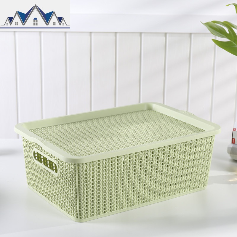仿藤编收纳篮塑料收纳筐有盖储物篮镂空水果框子零食收纳盒整理 三维工匠 中号-北欧绿