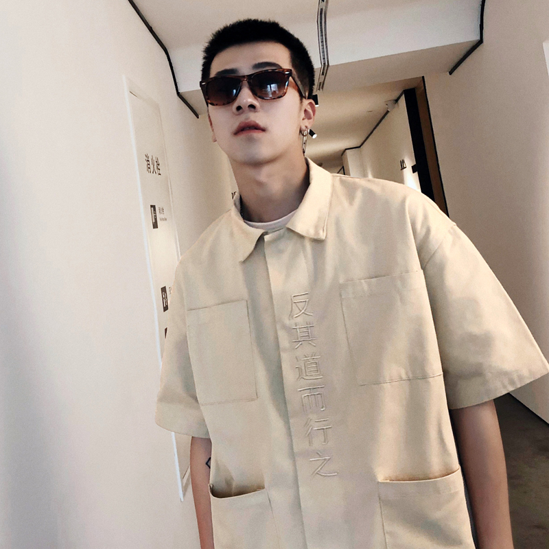 夏装潮男汉字中文刺绣衬衣男士多口袋短袖衬衫港风时尚帅气韩版潮