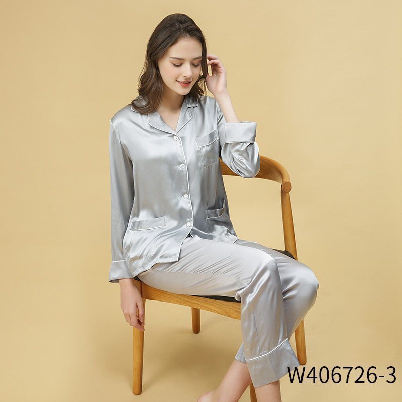 100真丝长袖真丝厚睡衣套装女桑蚕丝两件套纯色春夏套装高清大图