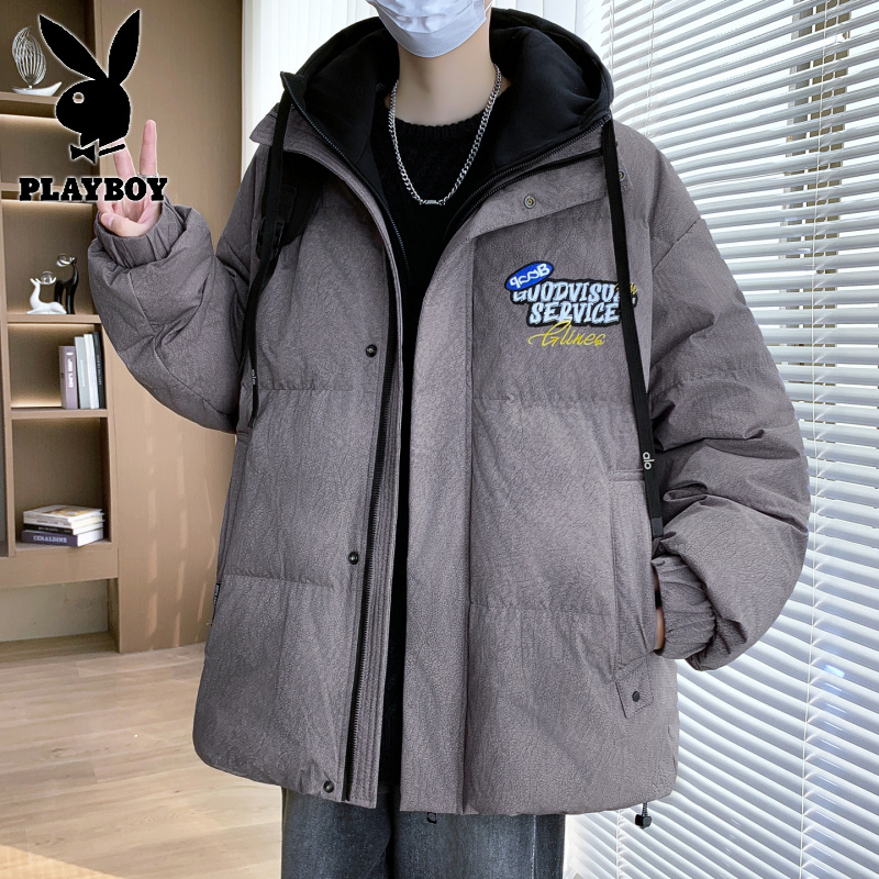 花花公子新款高品质带质检假两件羽绒服男针织帽白鸭绒潮流青少年冬季外套男高清大图