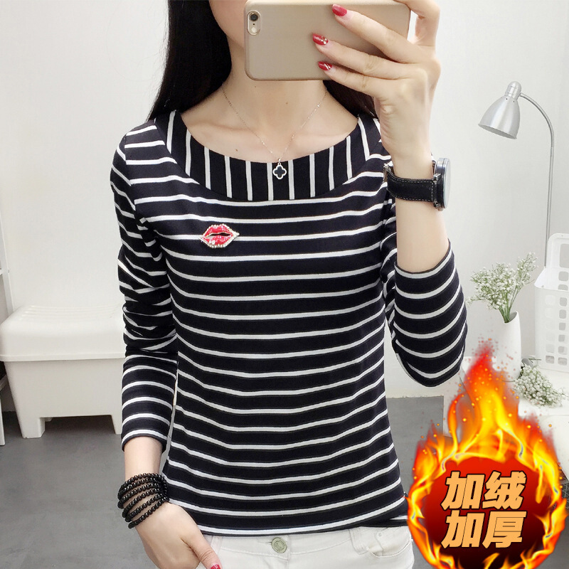 秋冬季新款保暖加厚加绒打底衫女装条纹时尚长袖T恤女外穿上衣服