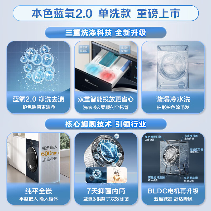 美的小天鹅10KG滚筒洗衣机全自动纯平全嵌[本色蓝氧2.0 护色洗 1.1洗净比 TG100V89PRO高清大图