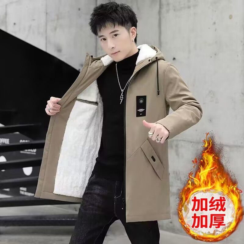 棉衣男加绒加厚中长款外套秋冬装防寒保暖棉袄男士休闲连帽棉衣服高清大图