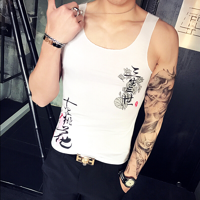 潮流社会小伙紧身背心男士夏季修身型运动无袖tT恤打底汗衫韩版男白色羽毛款