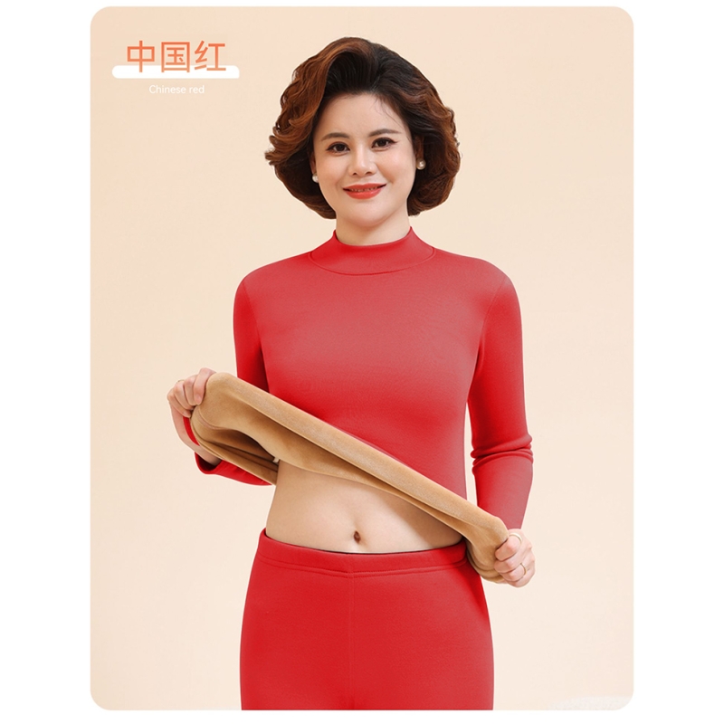浪莎女士保暖内衣加绒加厚冬季防寒中老年人妈妈秋衣秋裤保暖套装 中国红 160(M)推荐80-100斤