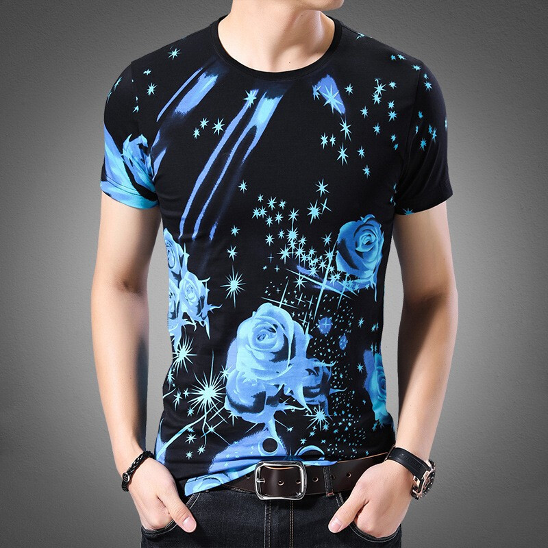 梵克公牛短袖t恤夏季玫瑰花短袖t恤男流韩版修身印花体恤个性男生花t